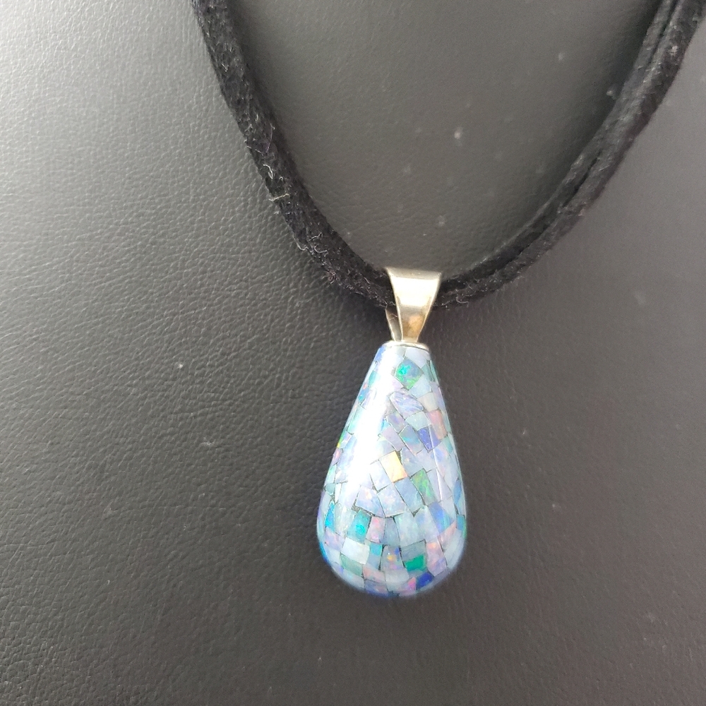 Sterling Silver 925 Solid Mosaic Opal Leather Nec… - image 6